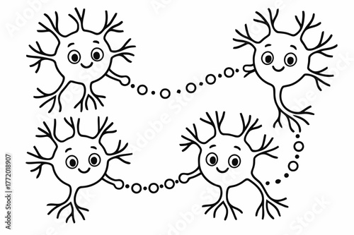 Friendly Neuron Network. Brain connections children?s coloring book illustration, outlined drawing, a group of friendly neuron characters linking together with