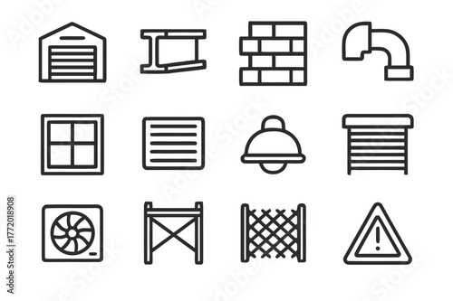 Industrial Icon Set. Industrial Exterior. Line icon set of Industrial Exterior: warehouse door, steel beam, brick wall, pipe detail, metal window frame, vent