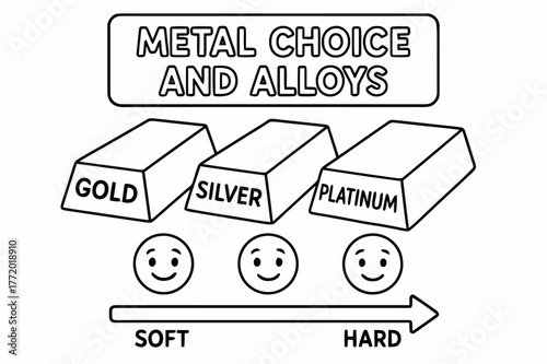 Children's Metal Coloring Page. Metal choice and alloys children?s coloring book illustration, outlined drawing, simple bars labeled gold, silver, and platinum