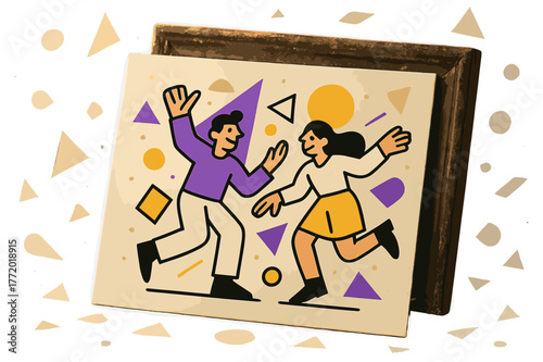 Vintage Dusty Photograph. Dusty Photograph. Vintage photograph leaning against an old frame with floating abstract geometric dust shapes and soft light, warm