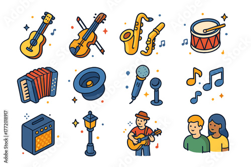 Street Performer Icons. Street performer. Colorful isometric vector icons set of street performer: guitar, violin, saxophone, drum, accordion, hat for tips,
