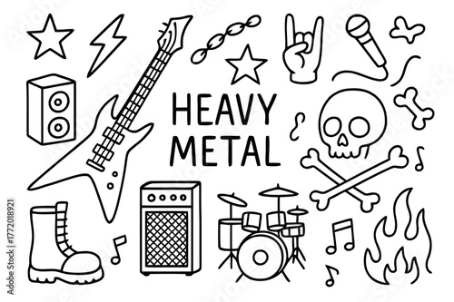 Heavy Metal Icons. Heavy metal music. Hand-drawn doodle illustration heavy metal music electric guitar, skull, lightning bolt, amplifier, speaker, drum set,