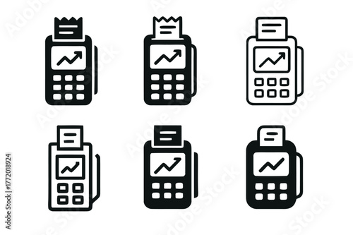 Retail Trend Icons. Retail trend graph. Set Logo of Retail trend graph: POS terminal with trendline. Icon set. harmonious logo variations of the same