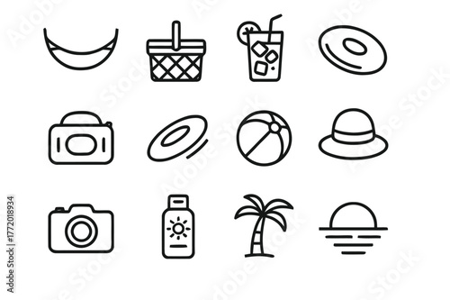 Summer Icon Collection. Summer Leisure. Line icon set of Summer Leisure: hammock, picnic basket, iced tea glass, portable speaker, frisbee, beach ball, camera,