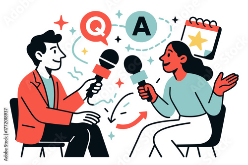 Dynamic Interview Scene. Interview segment. Two mics face each other like friendly comets; ?Q? and ?A? badges orbit between hosts. A notepad flips to a star as