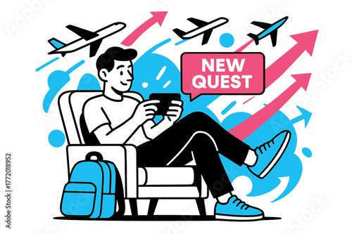 Gaming in Airport Lounge. Playing a mobile game on the go ? Airport lounge. Backpack at feet, player leans back in a comfy chair; planes and abstract arrows