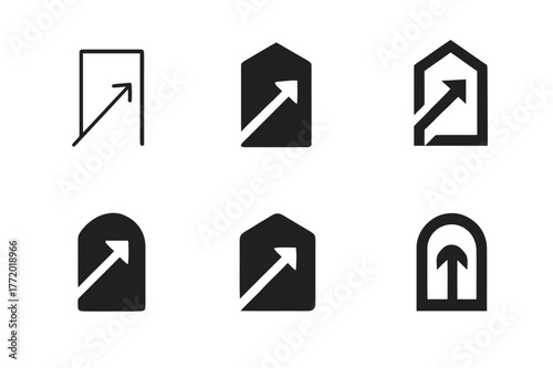 Opportunity Logo Variations. Creating opportunities. Set Logo of Creating opportunities: open doorway with rising arrow. harmonious logo variations of the same