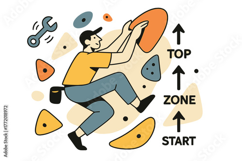 Route Setting Artistry. Route Setter at Work. A wrench spins as a setter places a bright sloper; arrows label ?Start / Zone / Top.? Holds float in a playful