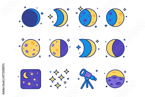 Moon Phases Icons. Moon cycle. Colorful isometric vector icons set of moon cycle: new moon, waxing crescent, first quarter, waxing gibbous, full moon, waning