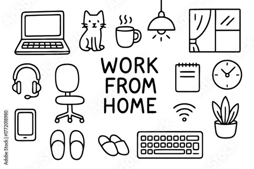 Home Office Doodle. Work from home. Hand-drawn doodle illustration work from home laptop, cat, mug, slippers, window, lamp, headset, chair, notebook, clock,