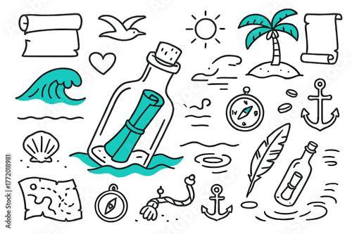Doodle Message Bottle. // Message in a bottle. Hand-drawn doodle illustration message in a bottle [bottle with note (accented), ocean wave (accented), seagull,
