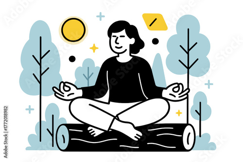 Silent Geometric Meditation. Silent Forest. Person meditating on a log in the forest with floating abstract geometric shapes and soft glowing accents, tranquil