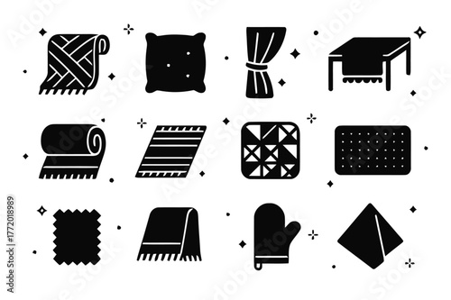 Homey Textiles Icons. Homey Textiles. Solid icons set of Homey Textiles: knitted blanket, cushion, curtain tieback, table runner, bath towel, rug, quilt,