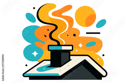 Chimney at Sunset. Chimney at Sunset. The sky glows orange to pink; smoke catches the light in golden curves. Snow sparkles like diamonds around roof edges.