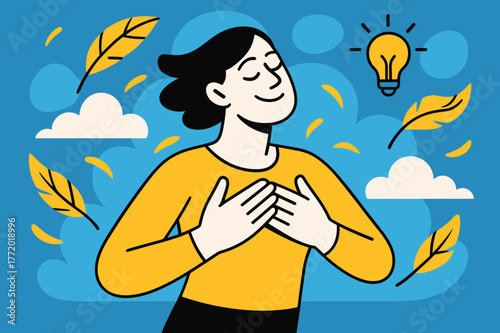 Tranquil Emotional Release. A person experiencing a moment of relief after practicing emotional release techniques, surrounded by floating feathers, gentle