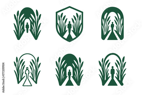 Whispering Corridor Logos. Whispering corridor. Set Logo of Whispering corridor: reed-lined walkway. harmonious logo variations of the same emblematic concept,