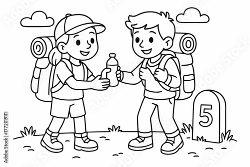 Travelers Helping Each Other. Gratitude and kindness on the road children?s coloring book illustration, outlined drawing, travelers sharing water and helping