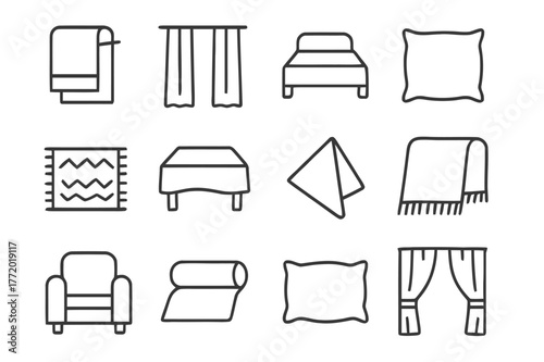 Home Textiles Icons. Home textiles. Line icon set of home textiles: towel, curtain, bedsheet, cushion, rug, tablecloth, napkin, throw blanket, upholstery,