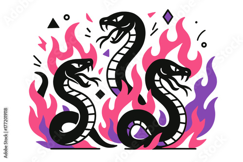 Fiery Mythical Serpents. Writhing Serpents in Fire. Mythical serpents surrounded by flames with floating abstract geometric shapes and sparks, fierce and