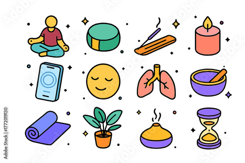 Meditation Icon Set. Meditating or practicing deep breathing. Colorful isometric vector icons set of meditating or practicing deep breathing: person in lotus