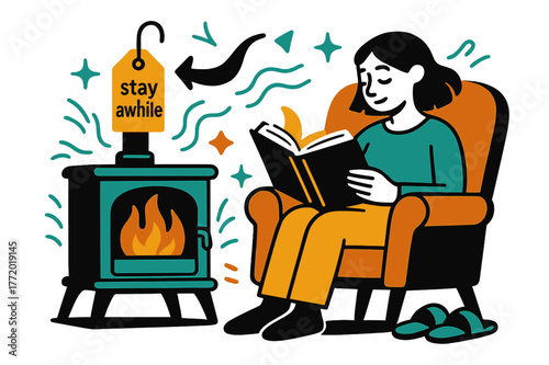 Cozy Hearth Reading. Keeper of the Hearth ? Quiet Read by the Stove. A chair, a book, and slippers rest in perfect calm; page edges glow with firelight. Tag