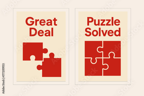 Geometric Deal Banners. DEAL. Two vertical A6 banners with safe margins, centered composition, no elements touching edges, geometric, red and beige, puzzle