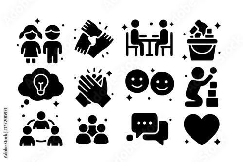 Collaborative Play Icons. Collaborative Play. Solid icons set of Collaborative Play: two children, teamwork hands, shared table, bucket of blocks, idea cloud,