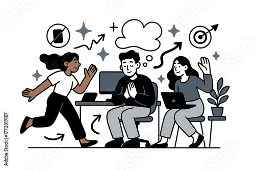 Digital Detox Oasis. Digital detox for employees. Office room with devices turned off and abstract floating icons, arrows, and sparkles; conveys mental