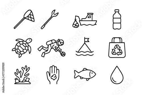 Ocean Cleanup Icons. Ocean cleanup. Line icon set of ocean cleanup: fishing net, trash grabber, cleanup boat, plastic bottle, sea turtle, diver,