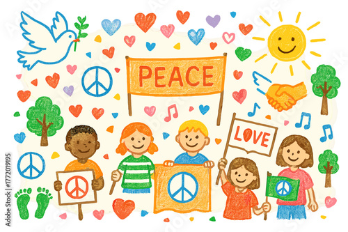 Colorful Peaceful Protest. Peaceful protest. Colorful Hand-drawn doodle Children illustration Peaceful protest signs, doves, banners, hearts, smiling faces,