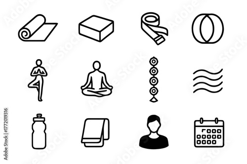 Yoga Therapy Icons. Yoga therapy. Line icon set of yoga therapy: yoga mat, yoga block, yoga strap, yoga wheel, tree pose figure, lotus pose figure, chakra