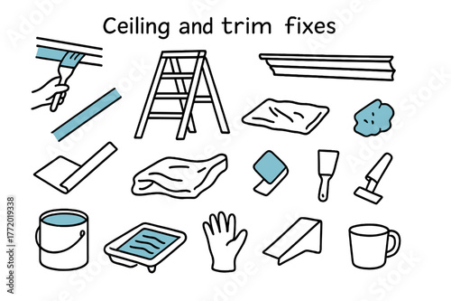 Ceiling Repair Tools. Ceiling and trim fixes. Hand-drawn doodle illustration ceiling and trim fixes [angle brush (accented), ladder (accented), crown molding