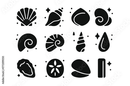 Seashell Icon Grid. Seashells. Solid icons set of Seashells: scallop shell, conch shell, cowrie shell, clam shell, nautilus shell, whelk shell, auger shell,