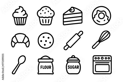 Bakery Icon Set. Sweet bakery. Line icon set of bakery treats: cupcake, muffin, cake slice, donut, croissant, cookie, rolling pin, whisk, spoon, flour bag,