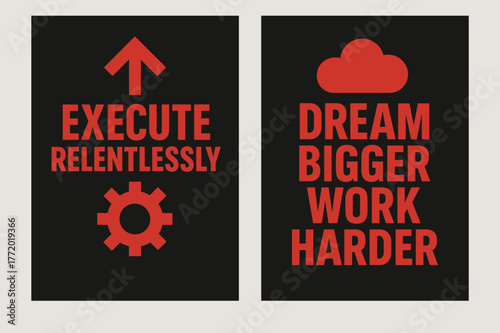 Brutalist Banner Design. Execute relentlessly. Two vertical A6 banners with safe margins, centered composition, no elements touching edges, brutalist, black