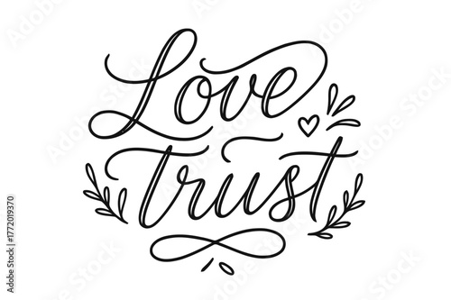 Love & Trust Script. Love & Trust ? brush script hand-lettering with fluid semi-cursive strokes, thin connectors, soft brush flicks; composition: centered;