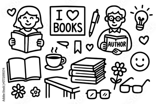 Reading Celebration Doodle. Reading celebration. Hand-drawn doodle illustration reader, author, open book, bookmark, pen, table, heart, flower, smile, coffee,