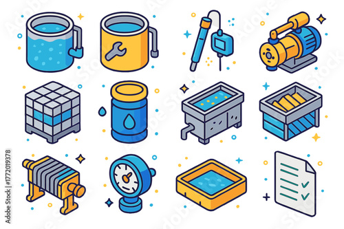 Industrial Wastewater Icons. Industrial wastewater control. Colorful isometric vector icons set of Industrial wastewater control: equalization tank,