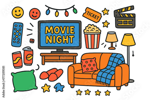 Cozy Movie Night Doodle. Movie night at home. Colorful Hand-drawn doodle Children illustration Movie night at home TV screen, remote control, popcorn bucket,