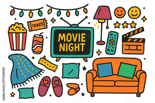Cozy Movie Night Doodles. Movie night at home. Colorful Hand-drawn doodle Children illustration Movie night at home TV screen, remote control, popcorn bucket,
