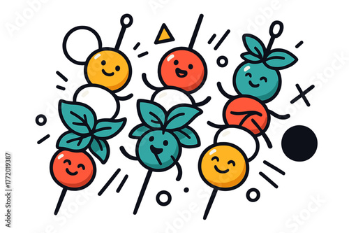 Vibrant Caprese Delight. Caprese Skewers. Colorful caprese skewers with cherry tomatoes, mozzarella, and basil leaves with floating abstract geometric shapes,