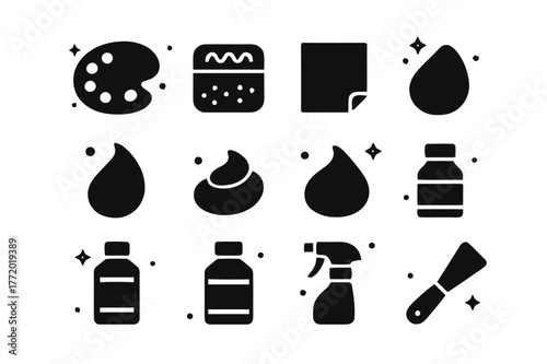 Acrylic Palette Icons. Acrylic painting palette. Solid icons set of Acrylic painting palette: stay-wet palette, sponge insert, palette paper, phthalo blue,