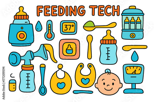Feeding Tech Doodles. Feeding tech. Colorful Hand-drawn doodle Children illustration Feeding tech bottle warmer, milk temperature display, formula dispenser,