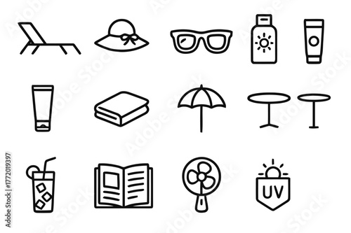 Sunbathing Essentials Icons. Sunbathing. Line icon set of Sunbathing: sun lounger, sun hat, sunglasses, sunscreen, tanning lotion, towel, parasol, side table,