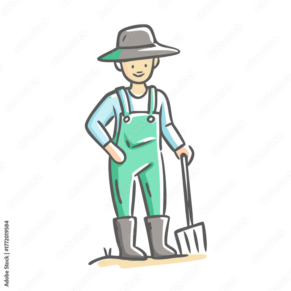 Obraz premium Vector illustration of a farmer holding a pitchfork scalable eps icon