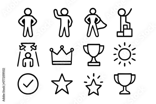 Victory Icons Set. Victory stance. Line icon set of victory stance: person standing tall, arms on hips, raised fist, confident stance, superhero silhouette,