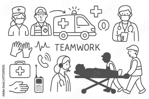 Emergency Teamwork Icons. Emergency response teamwork. Hand-drawn doodle illustration ambulance, paramedic, doctor, nurse, patient, stretcher, first aid kit,