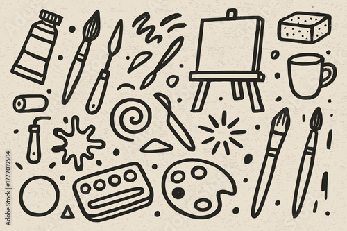 Art Supplies Doodle. Acrylic painting. Hand-drawn doodle illustration acrylic painting paint tubes, brushes, canvas, palette knife, easel, strokes, cup,