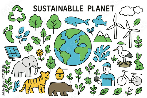 Sustainable Earth Doodle. Sustainable planet. Hand-drawn doodle illustration Earth globe (colored), trees (colored), recycling symbols (colored), endangered