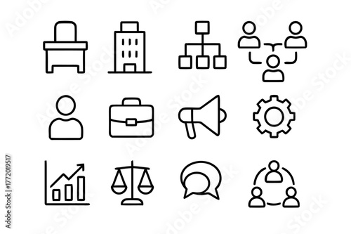 Corporate Structure Icons. Corporate structure. Line icon set of corporate structure: ceo office, department tower, flowchart, connection lines,